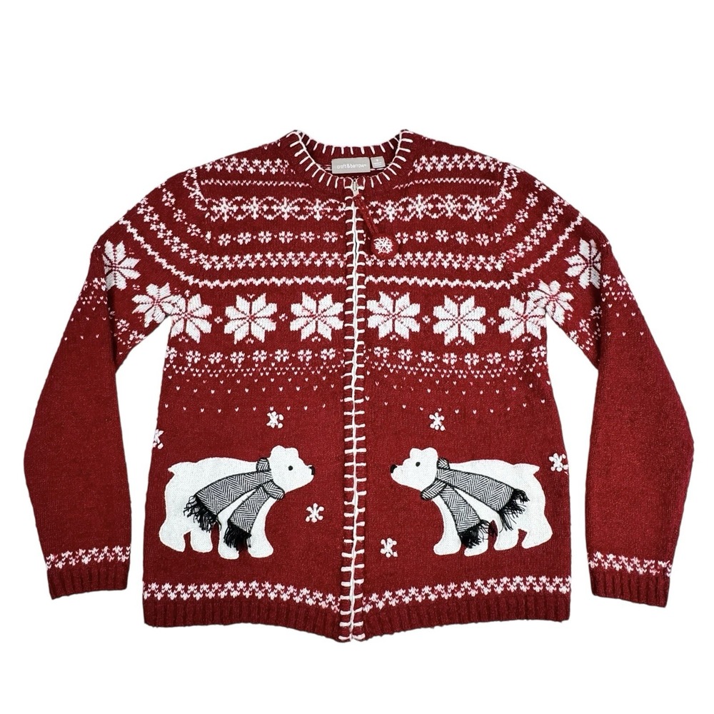 Croft‎ & Barrow Snowflake Cardigan Sweater S Fair Isle Red Polar Bear Full Zip